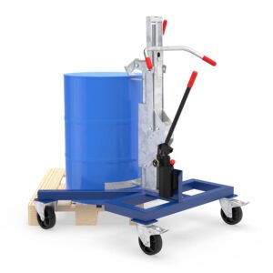 Drum lifter ATEX for 205 l drum, corner-access chassis 180 mm, lift height 550 mm, clamp for upper drum rim, Ex Zone 2