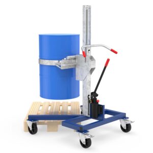 Drum lifter ATEX for 205 l drum, corner-access chassis 180 mm, lift height 550 mm, clamp for drum body, Ex Zone 2
