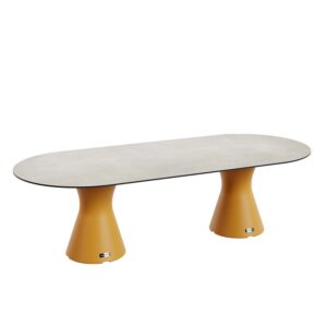 Oval garden dining table, made of PE-HD, black marble top, seats 1012, 2800x1200x750mm