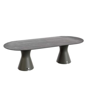 Oval garden dining table, made of PE-HD, black marble top, seats 1012, 2800x1200x750mm